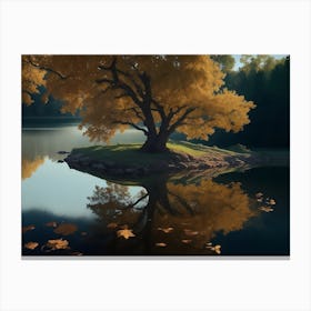 Reflection Of Oak Tree And Its Leaves On The Lakeside Canvas Print