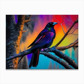 Vibrant Rainbow Raven Upon A Bare Tree Color Painting Canvas Print