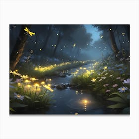 A Magical Stream With Fireflies And Flowers Canvas Print