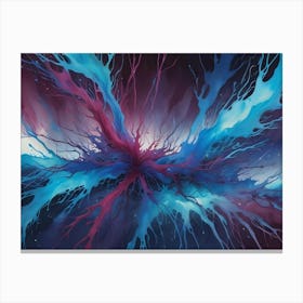 An Abstract Digital Artwork With A Central Burst Of Blue And Pink Paint Against A Dark Background Canvas Print