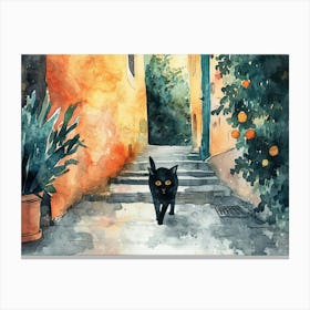 Black Cat In Caserta, Italy, Street Art Watercolour Painting 4 Canvas Print