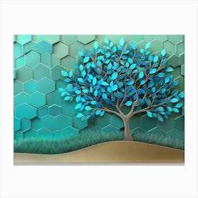 A Vibrant 3d Tree Artwork with Delicate Turquoise and Blue Leaves, Standing on a Gentle Canvas Print