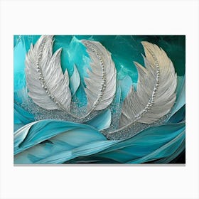 Vibrant 3d Abstract Featuring Deep Emerald Backdrop Glimmering Bronze Feathers Canvas Print