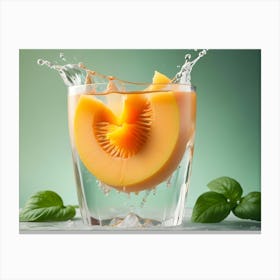 A Slice Of Cantaloupe Melon In A Glass Of Water, Surrounded By Ice And Basil Canvas Print