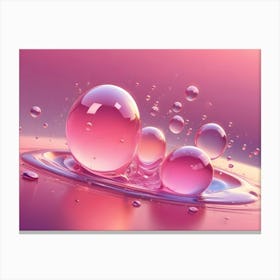 Pink Water Drops Forming Spheres Of Various Sizes, Creating A Splash And Ripples On A Reflective Surface Canvas Print