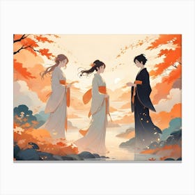 An Illustration Of Three Figures In Traditional Japanese Clothing Standing By A River In A Forest During Autumn Canvas Print