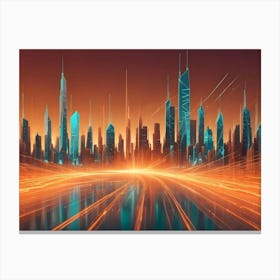 Abstract Image Of A City Skyline With Glowing, Orange Lines, Resembling A Digital Network Or A Futuristic Cityscape Canvas Print