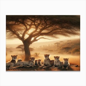 A family of cheetahs resting under the shade of an acacia tree 1 Canvas Print