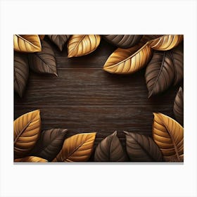 Golden And Brown Leaves And Feathers On Wooden Brown Background On 3d Canvas Print