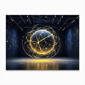 A Digital Globe With Glowing, Yellow Lines Representing Connections And Data Flow, Floating In A Dark, Futuristic Room Canvas Print