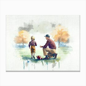 Father And Son Playing Football Watercolor retro Canvas Print