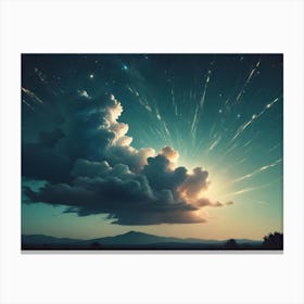 Brilliant Streaks Of Light Shoot Out From Behind A Dramatic Cloud Formation, Illuminating The Twilight Sky And Mountains Below Canvas Print