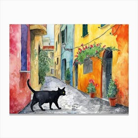 Black Cat In Sassari, Italy, Street Art Watercolour Painting 3 Canvas Print