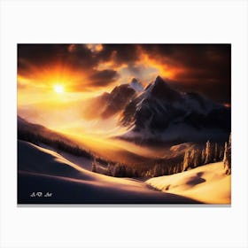 Majestic Mountain Valley And Forest Trees In A Winter Sunrise Photo Realistic Picture Canvas Print