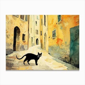 Black Cat In Arezzo, Italy, Street Art Watercolour Painting 1 Canvas Print