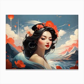 Chinese Girl With Flowers Canvas Print