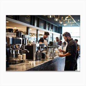 Barista Focused On Pouring Water Into A Step By Step Dripper Amid The Bustling Ambiance Of A Busy C Canvas Print