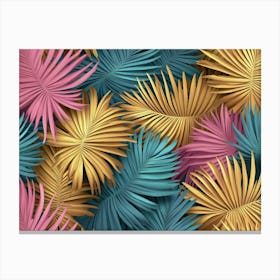 Tropical Colorful Textured Palm Leaves, Golden, Pink, Green Canvas Print