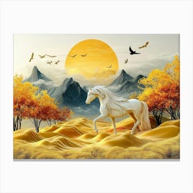 3d Horse and Golden Trees with Colored Mountains 1 Canvas Print