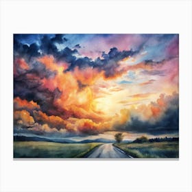 A Dramatic Sunset With Vivid Clouds And A Road Di (1) Canvas Print