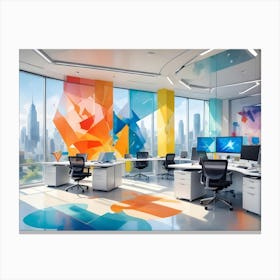 Modern, Bright Office Space With Colorful Geometric Patterns On Windows Overlooking A Cityscape Canvas Print