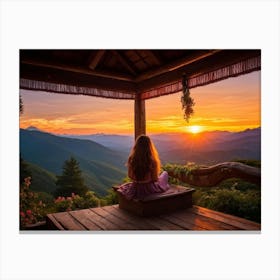 Woman Basking In The Serene Ambiance Of A Sunset Mountain Porch As Her Viewing Platform Warm Glow Canvas Print