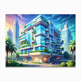 Modern Apartment Building With Green Plants And A Car Canvas Print