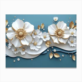 3d White and Blue Background with Golden Jewelry and Flowers 3 Canvas Print