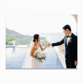 A Couple Sharing A Moment Of Joy During Their Honeymoon Bride In A Flowing White Dress And Groom In (4) Canvas Print