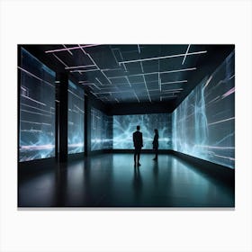 Two People Stand In A Darkened Room With Large Screens Displaying A Dynamic, Abstract Image Of Glowing Lines And Data Canvas Print