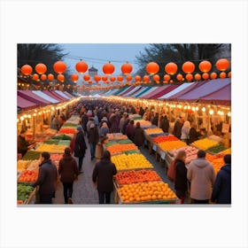 Aerial View Of A Busy Outdoor Market With People And Produce Canvas Print