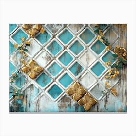 Turquoise golden floral oak background framed by white lattice tiles Canvas Print