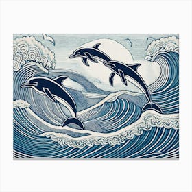 Jumping Dolphins Linocut Print Canvas Print