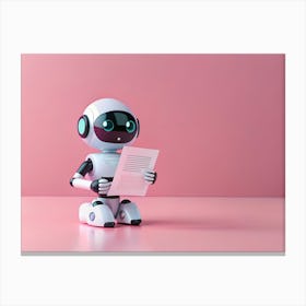 White Robot With Blue Eyes Kneeling And Reading A Document Against A Pink Background Canvas Print