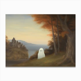 Cute Ghost Autumn Fall Castle Landscape, Halloween Spooky Canvas Print