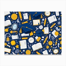 A Seamless Pattern Featuring Doodle Style Illustrations Related To Education, Learning, And School Supplies On A Dark Blue Background Canvas Print