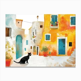 Black Cat In Puglia, Italy, Street Art Watercolour Painting 2 Canvas Print