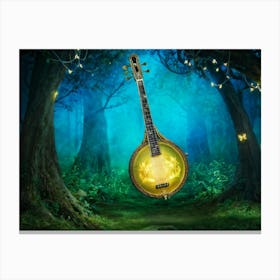 Enchanted Forest A Golden Hued Banjo Suspended Mid Air Tendrils Of Bioluminescent Fog Weaving Thro Canvas Print