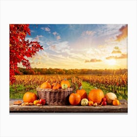 Autumnal Farm Landscape Pumpkins And Cornstalks Surround A Rustic Wooden Basket Filled With Apples Canvas Print