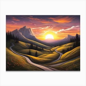 Hiking Trails In A Hilly Landscape With Gras And Trees Near Majestic Mountains In A Bright Morning Sunrise Vivid Color Painting Canvas Print