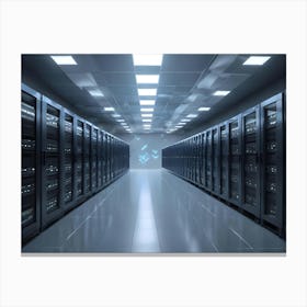 A Server Room Filled With Black Cabinets Canvas Print