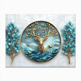 A 3d Art Gold Background, Turquoise Leaves, And Deer Against A Gray Background Canvas Print