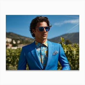 A Fashionable Businessman In A Playful Summer Setting His Sunglasses Reflecting The Mountain Filled (1) 2 Canvas Print