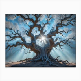 A Fantastical Image Of An Ancient Tree With Twisted Branches, Reaching Towards A Bright Sun Shining Through Its Center, Creating A Sense Of Mystery And Magic Canvas Print