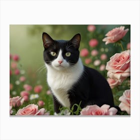 Black And White Cat With Roses Canvas Print