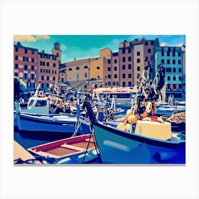 Fishing Boats In Port. A vibrant digital painting depicts a harbor scene with several boats docked along a waterfront. The boats are primarily blue and white, with some featuring red accents. They are filled with fishing nets and other equipment, suggesting a working harbor. The background features a row of colorful buildings with windows and balconies, painted in shades of yellow, orange, and brown. Canvas Print