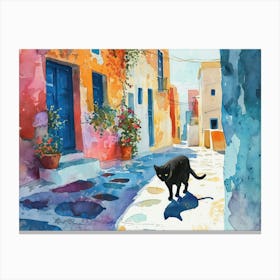 Santorini, Greece   Cat In Street Art Watercolour Painting 4 Canvas Print