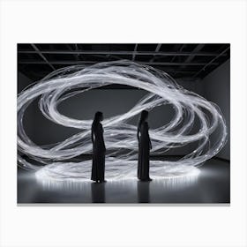 Two Women In Long Dresses Standing In A Dark Room With A Swirling Shape Of White Light Surrounding Them Canvas Print