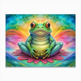 Green Frog Sitting In Lotus Position On A Rainbow Flower Canvas Print