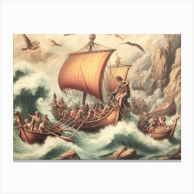 Viking Ships At Sea vintage art Canvas Print